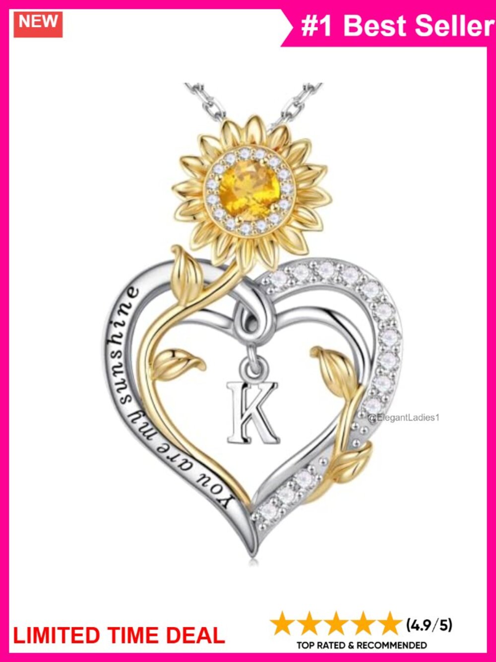 Sunflower Initial K Pendant Necklace 925 Sterling Silver CZ Gift